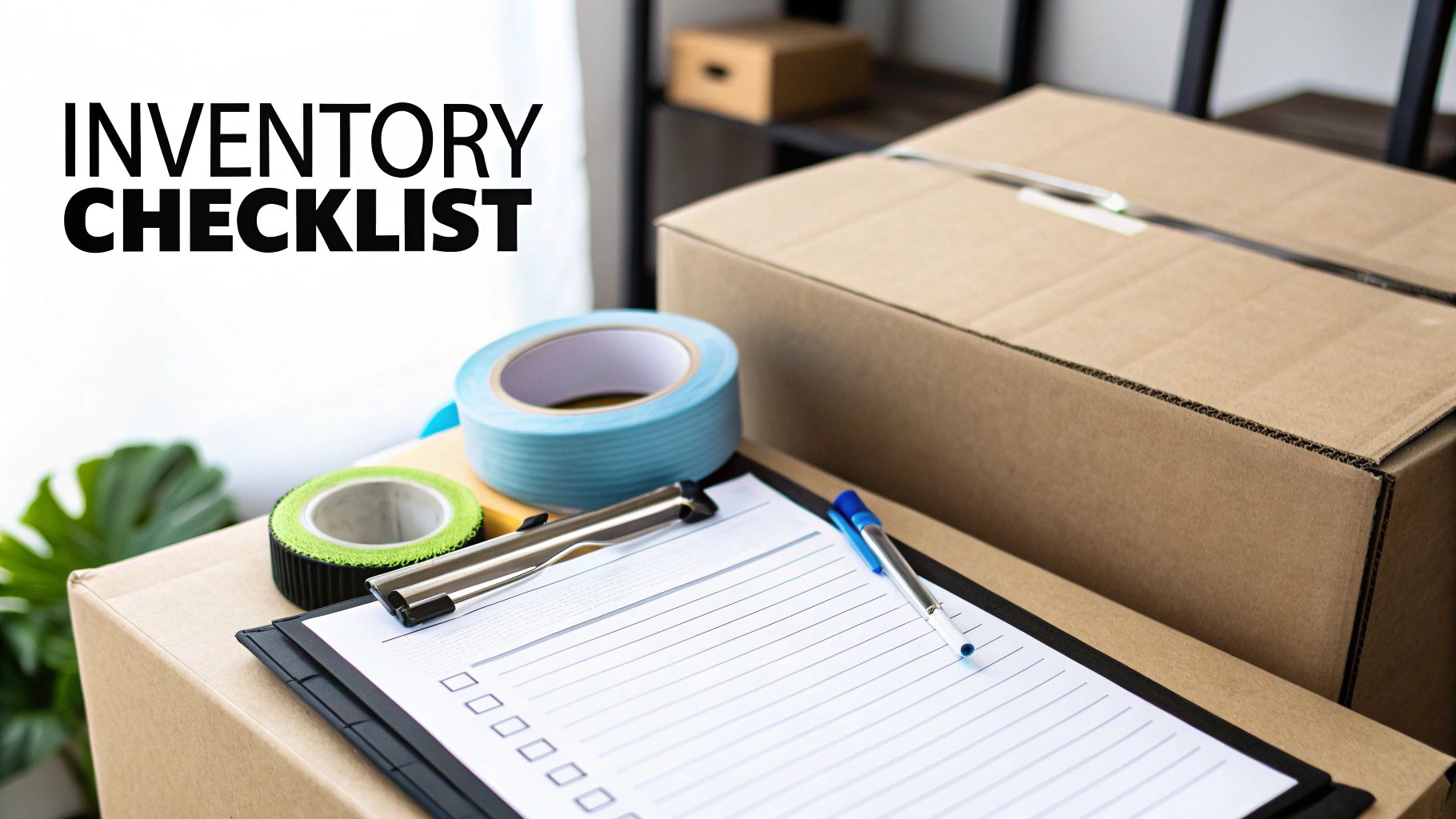 A person making a detailed inventory list on a clipboard in a room full of moving boxes.