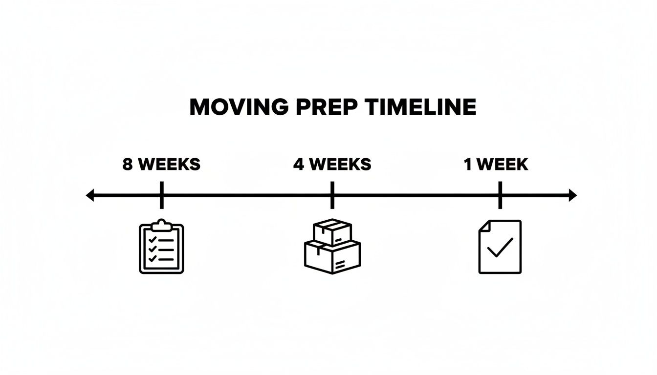 Moving prep timeline with key milestones: 8 weeks (checklist), 4 weeks (boxes), 1 week (completed document).