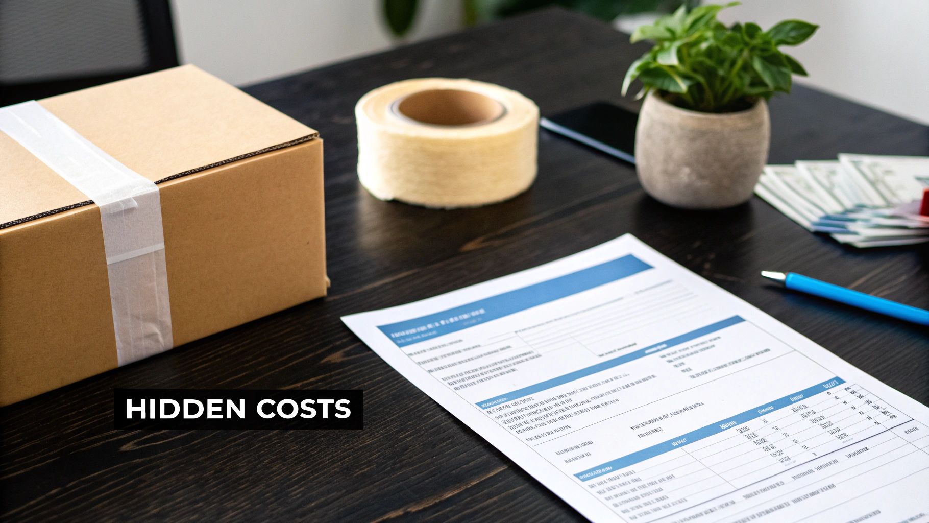 A cardboard box, packaging tape, documents, money, and a pen on a desk, with text 'HIDDEN COSTS'.