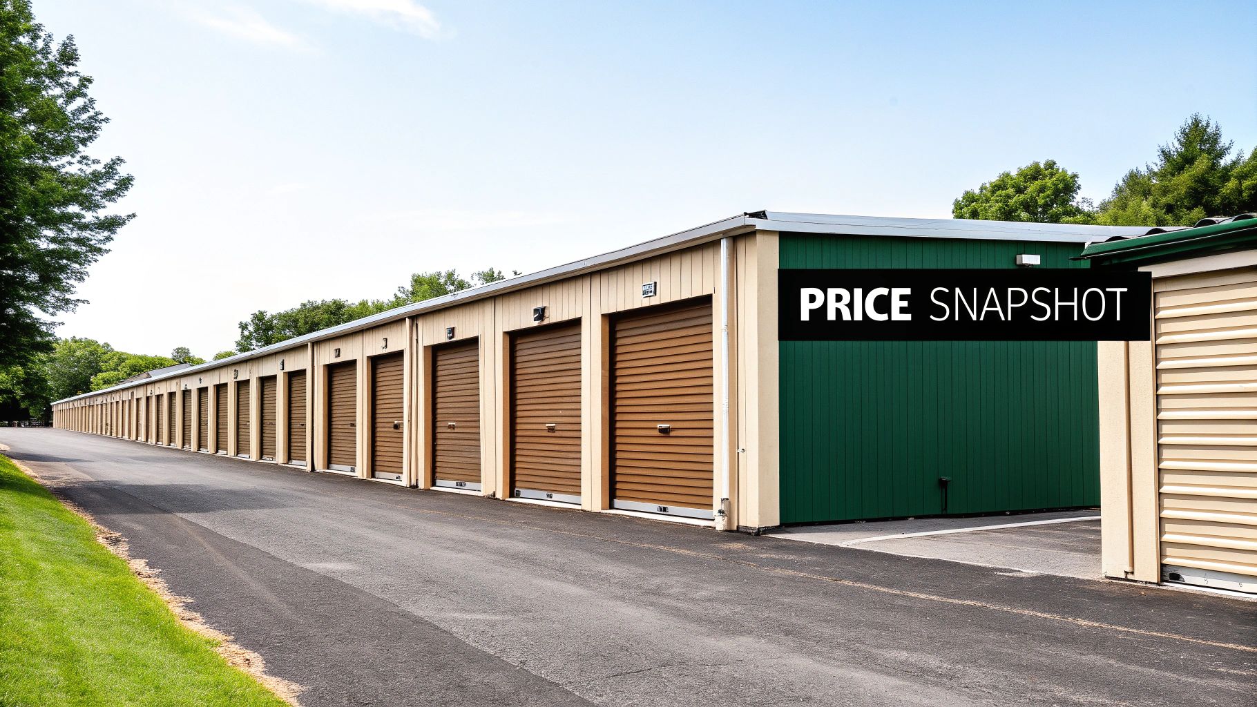 A long row of beige self-storage units with brown doors, an end unit is green, with a 'PRICE SNAPSHOT' banner.