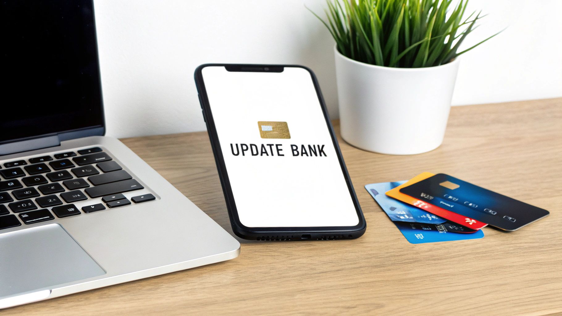 A smartphone displaying 'UPDATE BANK' with a chip icon, next to a laptop and credit cards.