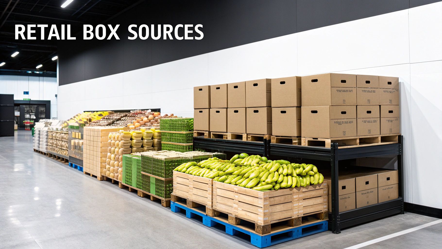 Fresh produce in wooden crates and stacks of cardboard boxes on pallets in a retail warehouse.