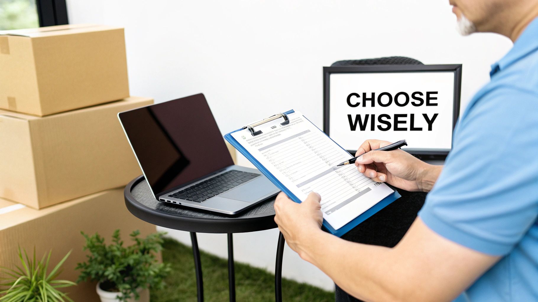 A person researching moving companies on a laptop, with moving boxes in the background.