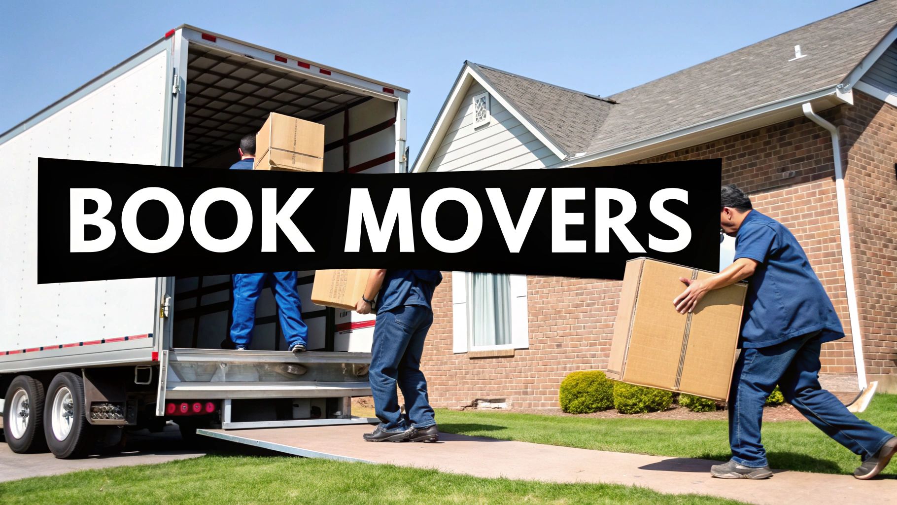 Professional movers loading cardboard boxes onto a white moving truck in front of a house.