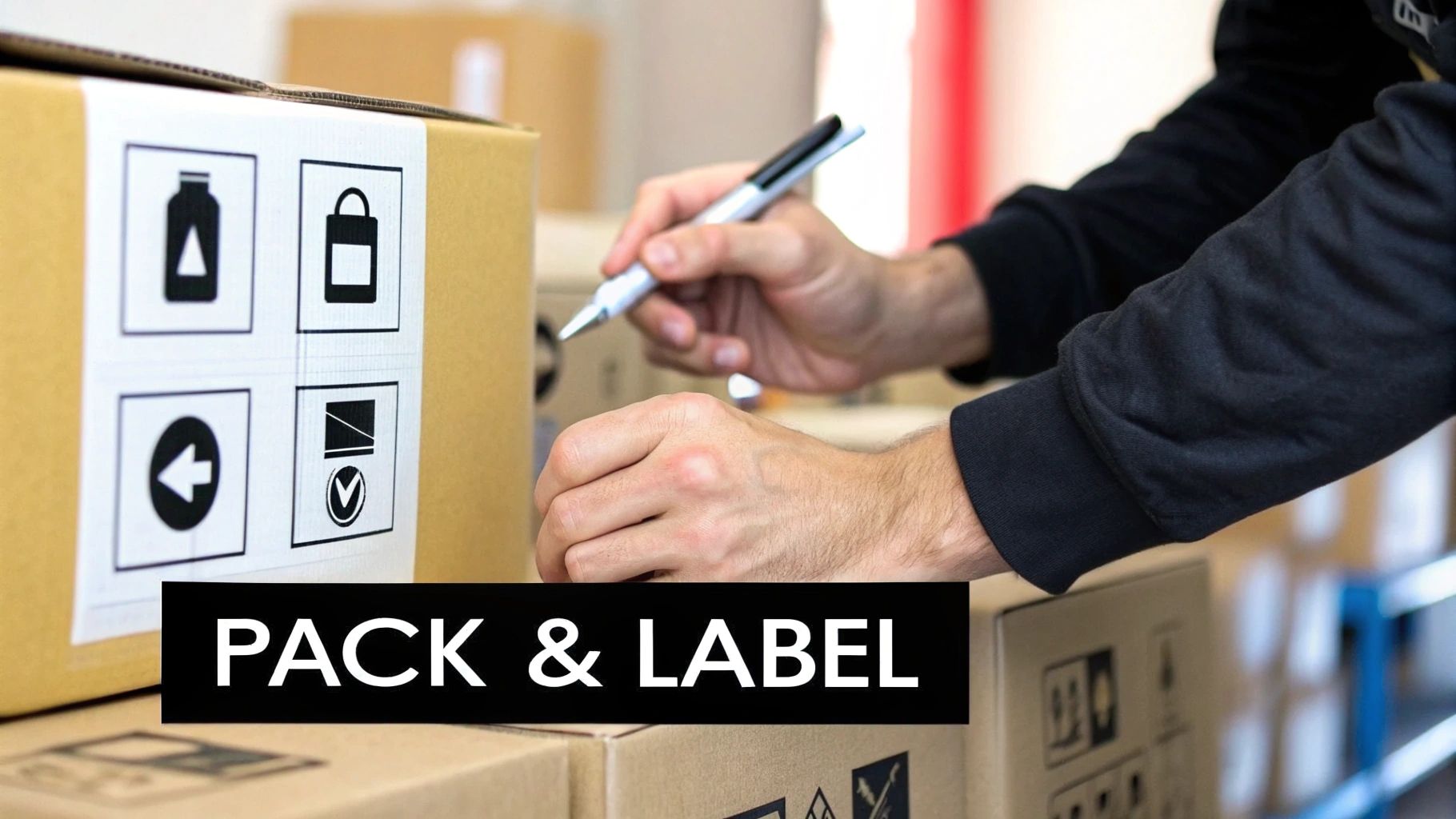 Close-up of hands labeling a cardboard shipping box with a pen, featuring 'PACK & LABEL'.