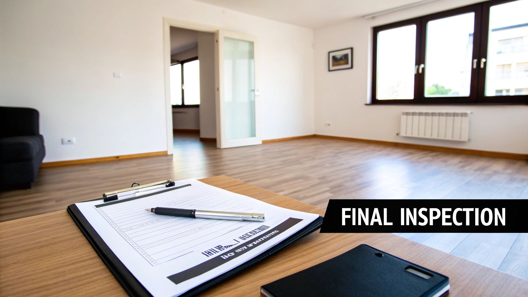 Bright, empty room with wooden floors and white walls, featuring a clipboard and pen for final inspection.
