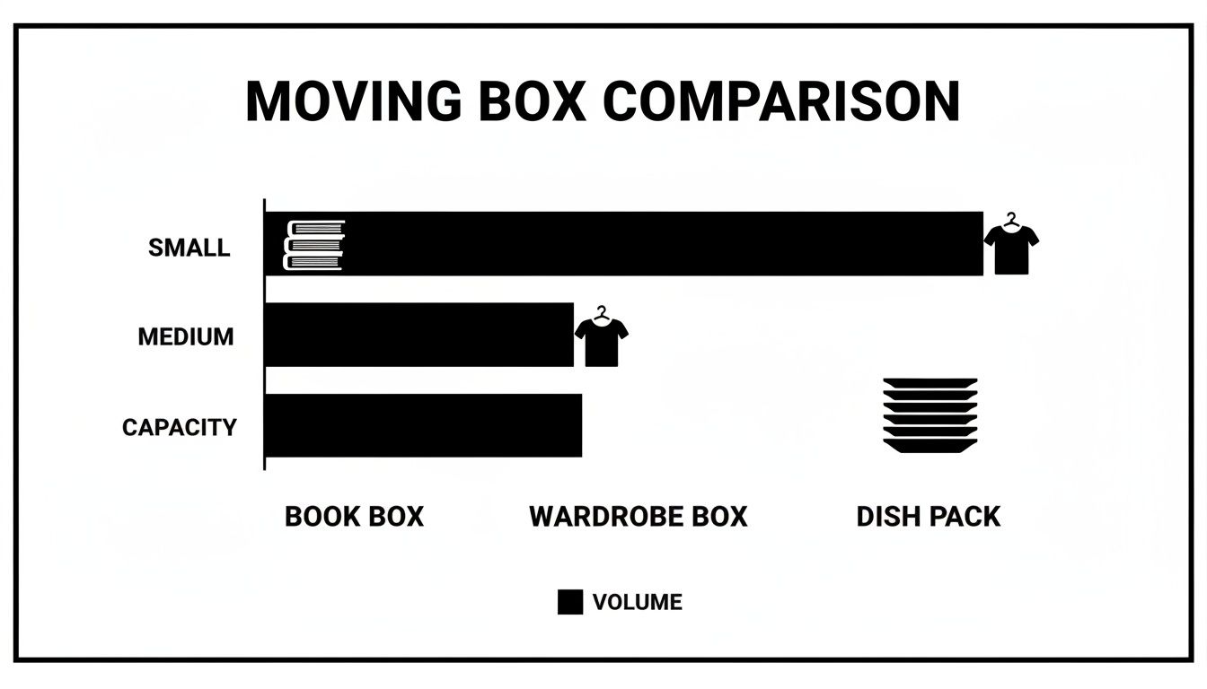 Infographic comparing moving box volumes. Features small, medium, and various box types like book, wardrobe, and dish pack.