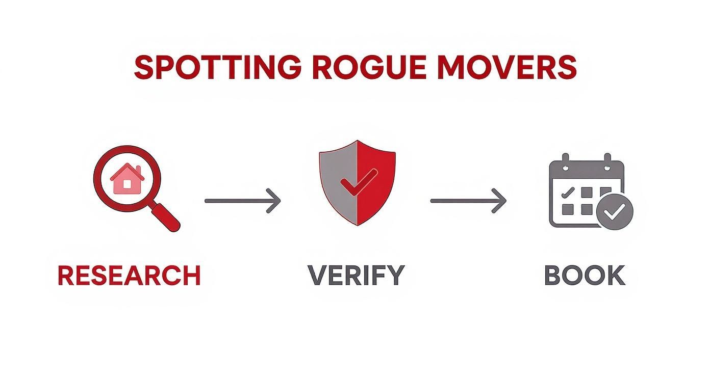 Infographic timeline showing the process of spotting rogue movers, with icons for Research, Verify, and Book.
