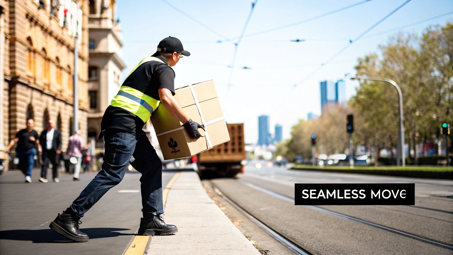 A delivery person in a safety vest carries a cardboard package on a city street with buildings and tram tracks.