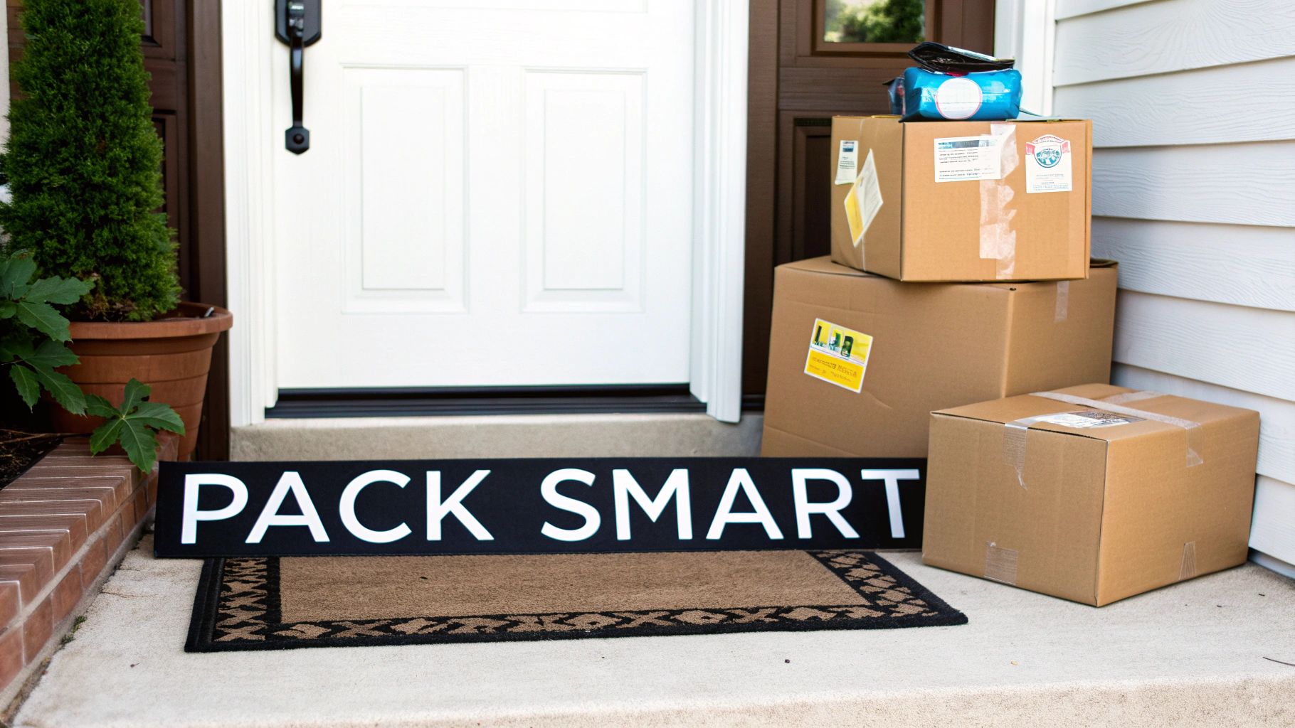 Multiple cardboard boxes stacked on a residential porch, next to a front door, with a 'PACK SMART' mat.