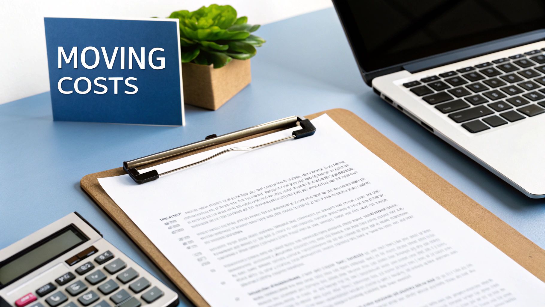 Desk with 'MOVING COSTS' sign, calculator, laptop, and a document for relocation planning.