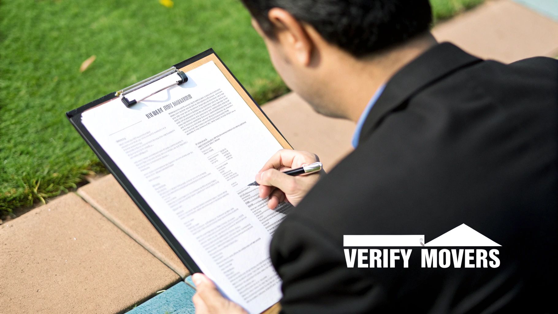 A person carefully inspecting a document on a clipboard.