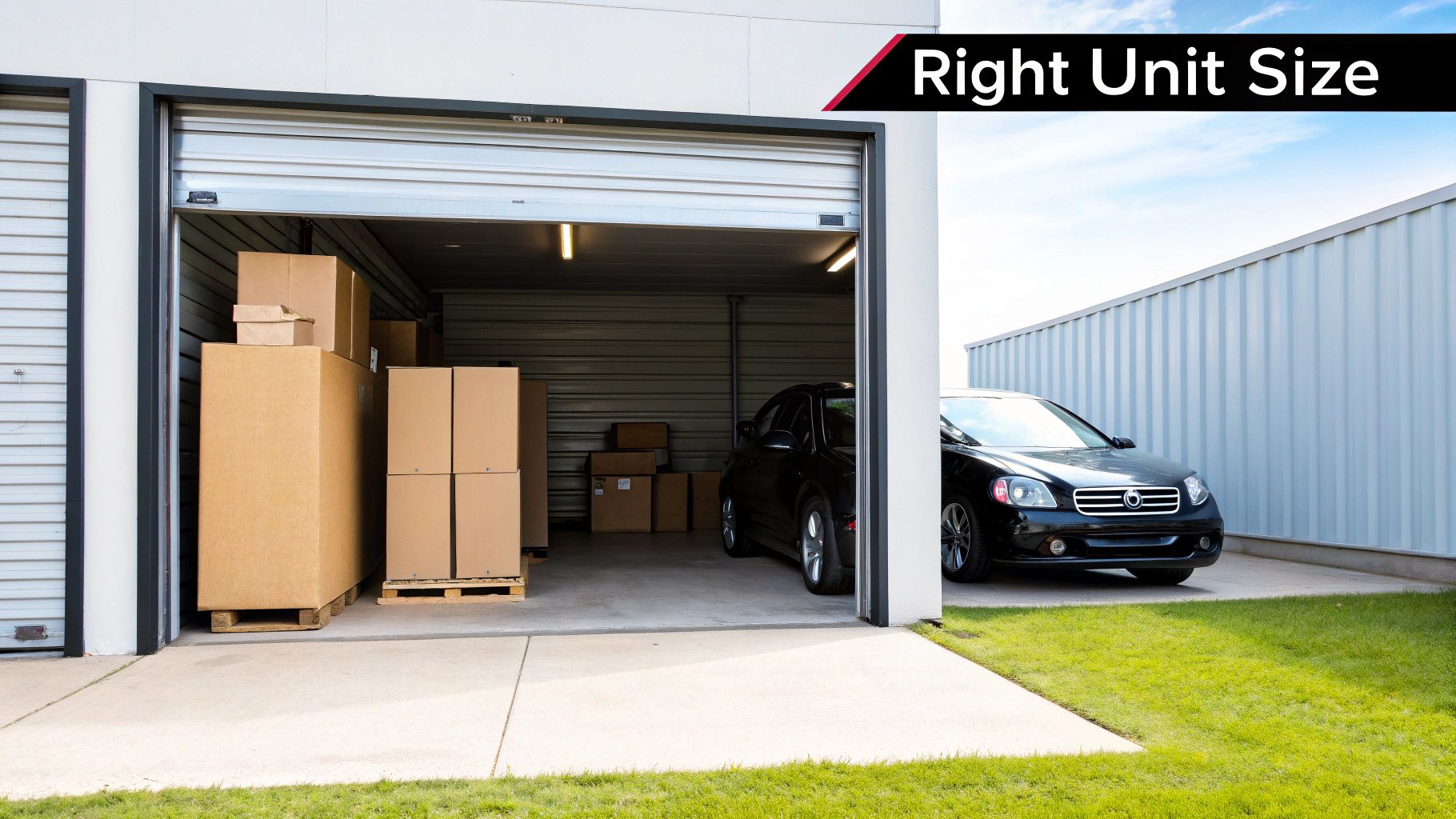 Open self-storage unit with stacked cardboard boxes and a black car, highlighting unit size options.