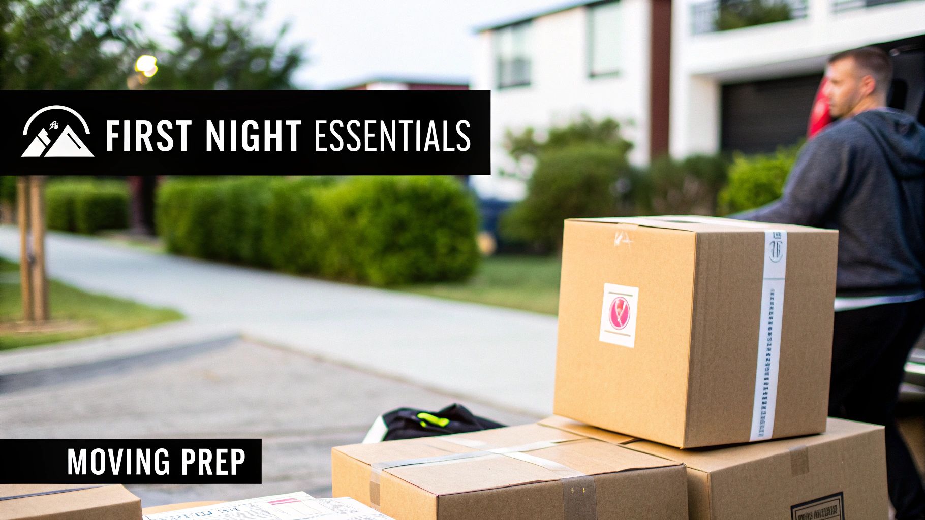 A person using a checklist to prepare for their move, with moving boxes in the background.