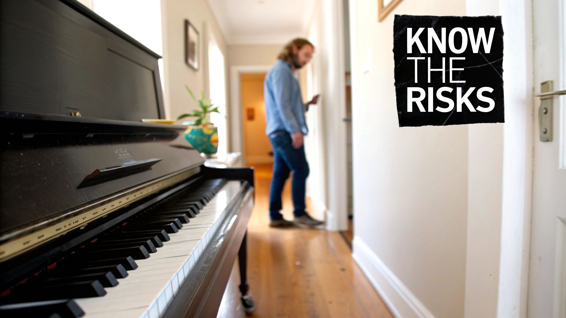 Close-up of a black piano with a blurry person walking down a hallway, featuring 'Know The Risks' text.