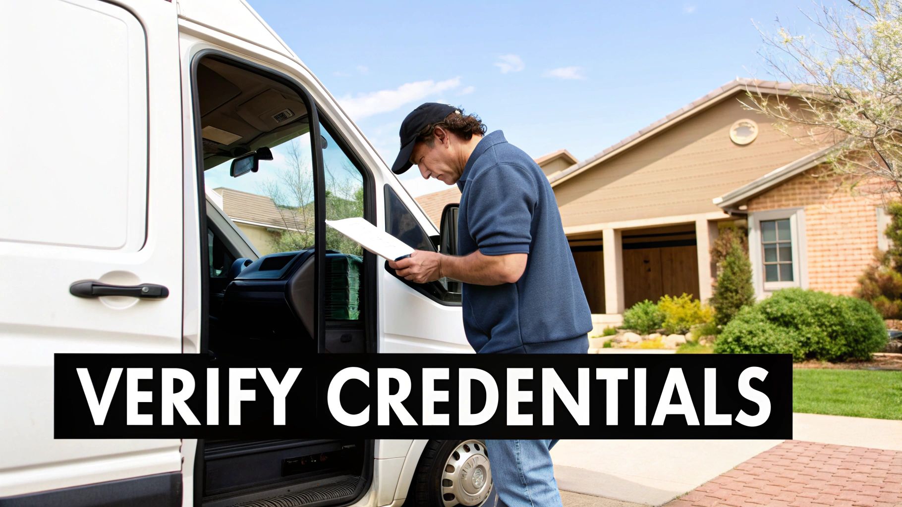 A service worker inspecting paperwork next to a white van in a residential area.