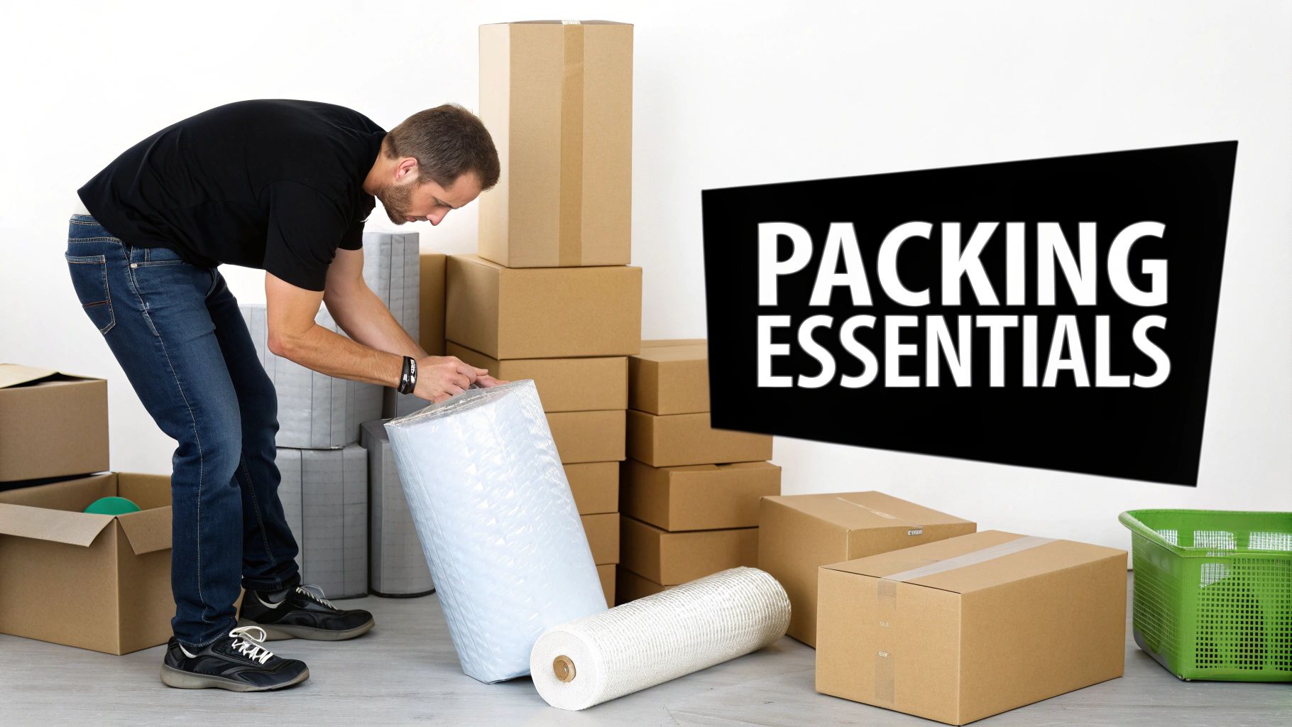 A man packing essentials, holding a roll of bubble wrap next to stacks of cardboard boxes.