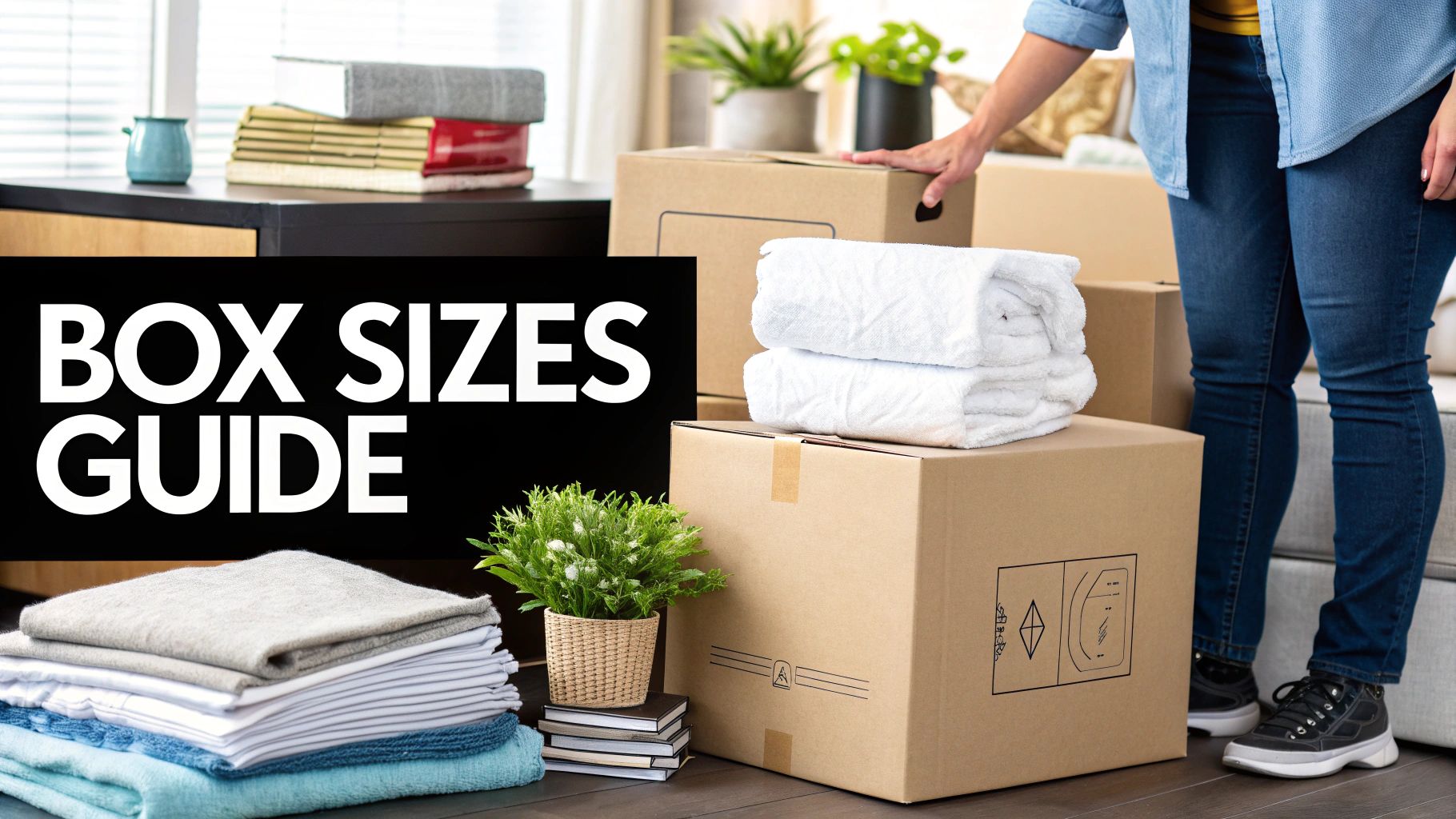 Person packing cardboard boxes and organizing household items, with a prominent 'BOX SIZES GUIDE' text.