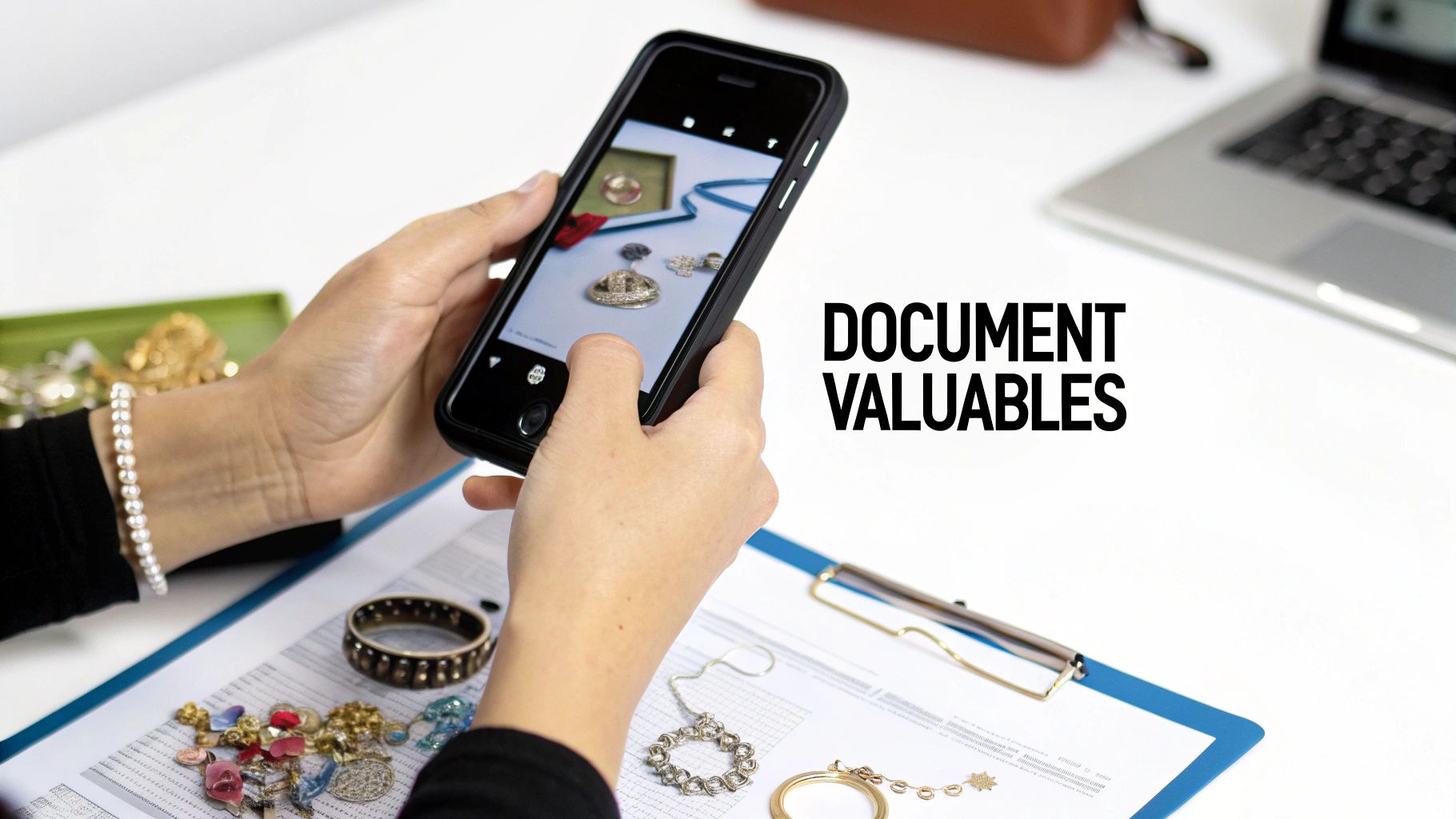 Woman using a smartphone to photograph her jewelry and other valuables for documentation.