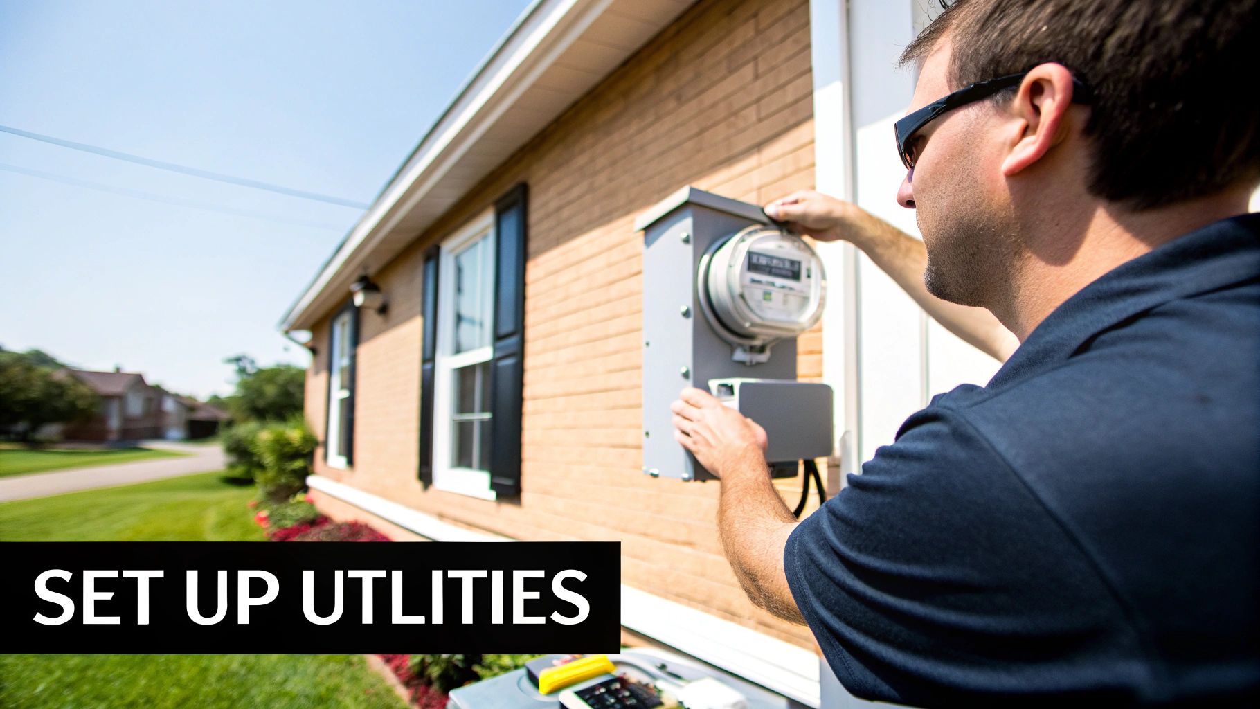A man in sunglasses works on an electric utility meter attached to the side of a brick house, setting up utilities.