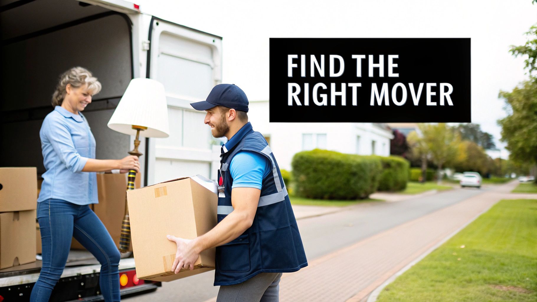 Professional movers loading boxes and lamp into moving truck while helping woman relocate home