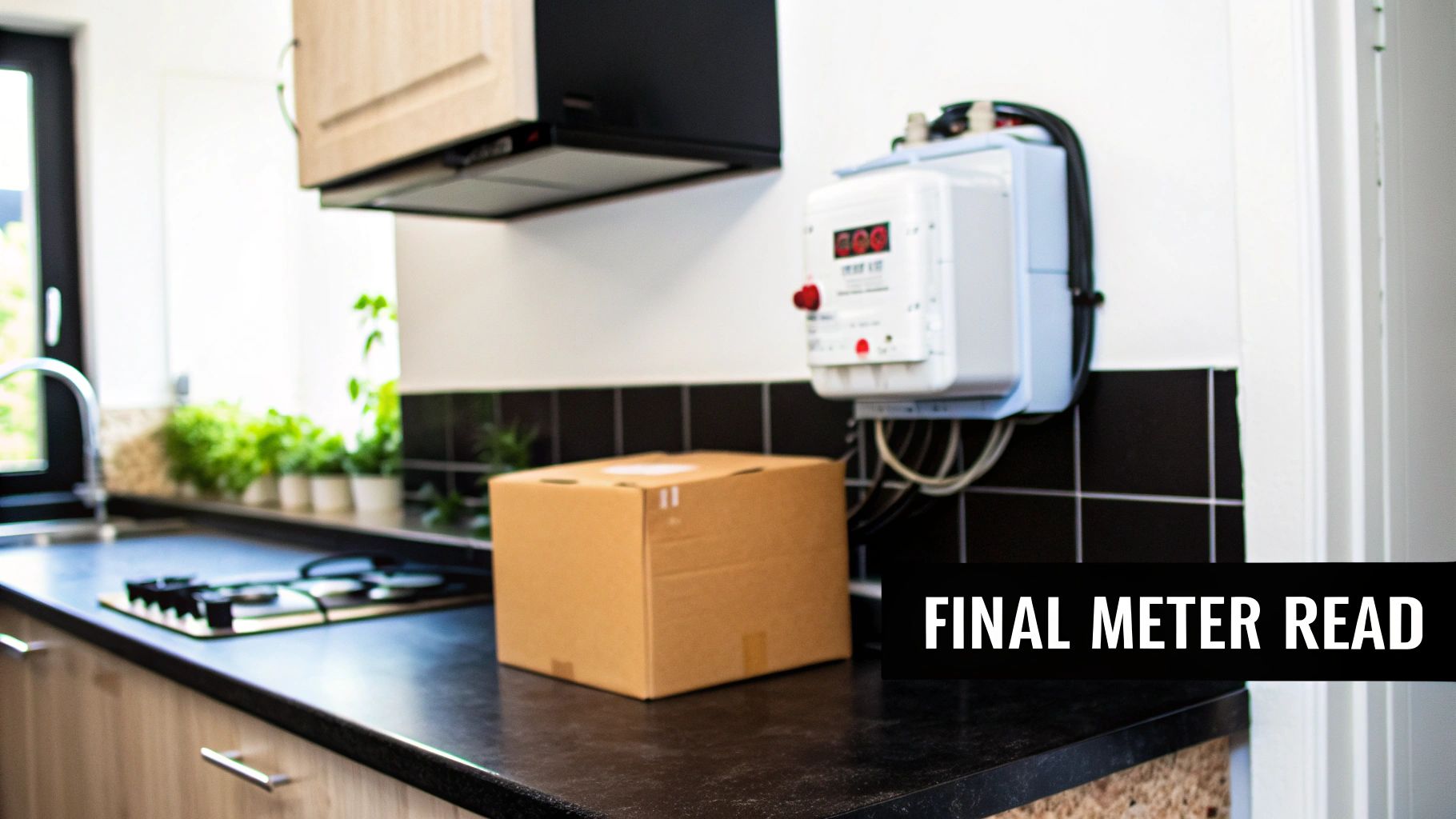 A kitchen counter with a cardboard box, gas hob, and a utility meter on the wall.