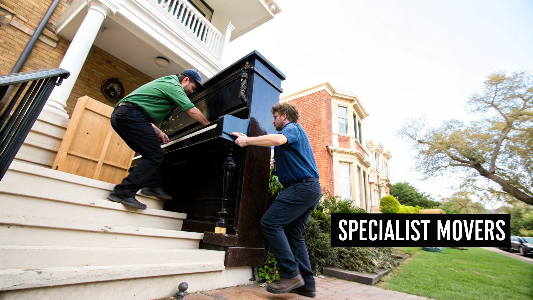 Two specialist movers carefully carry a heavy black piano up outdoor stairs outside a house.