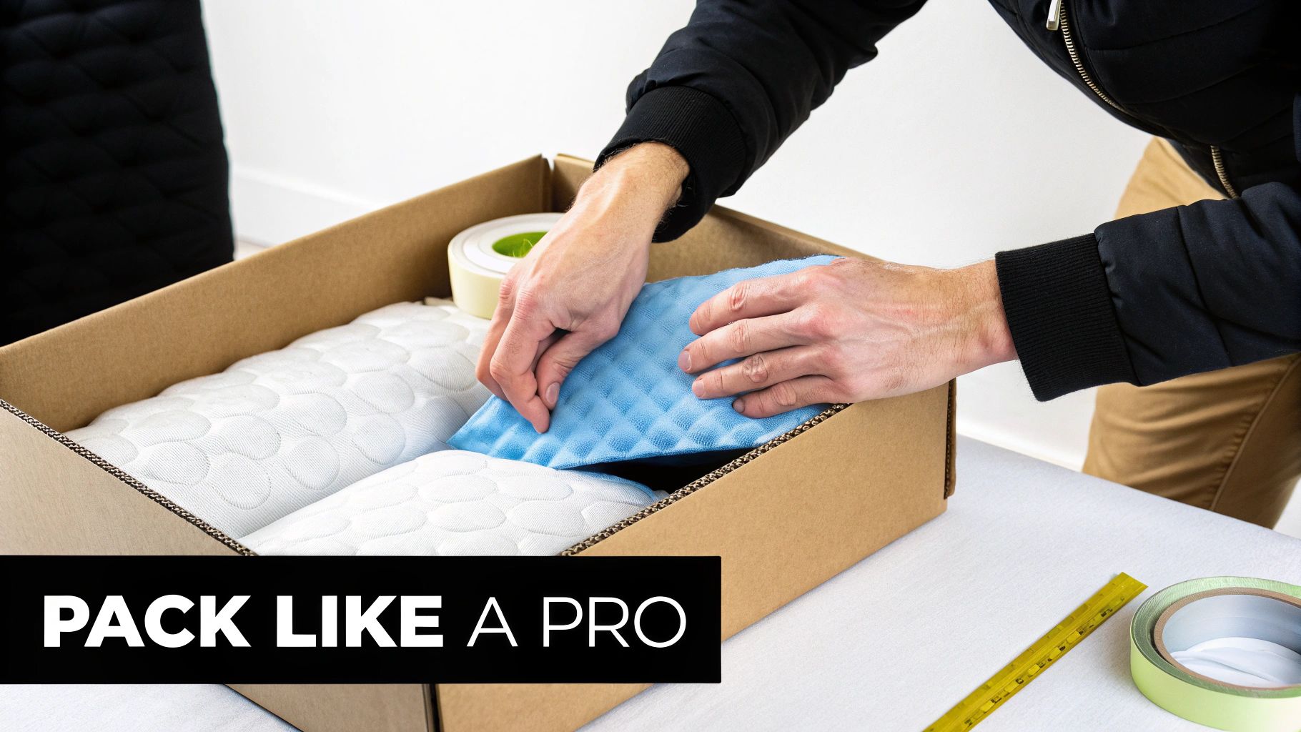 A person carefully places blue cushioning inside a cardboard box, packing items for moving.