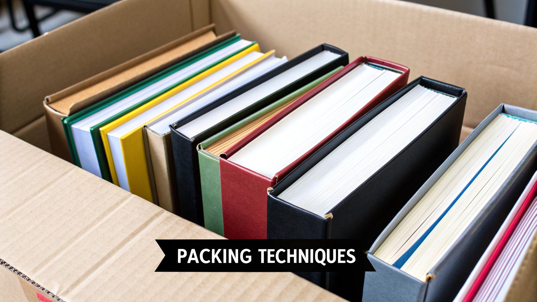 A person carefully placing books into a cardboard moving box.