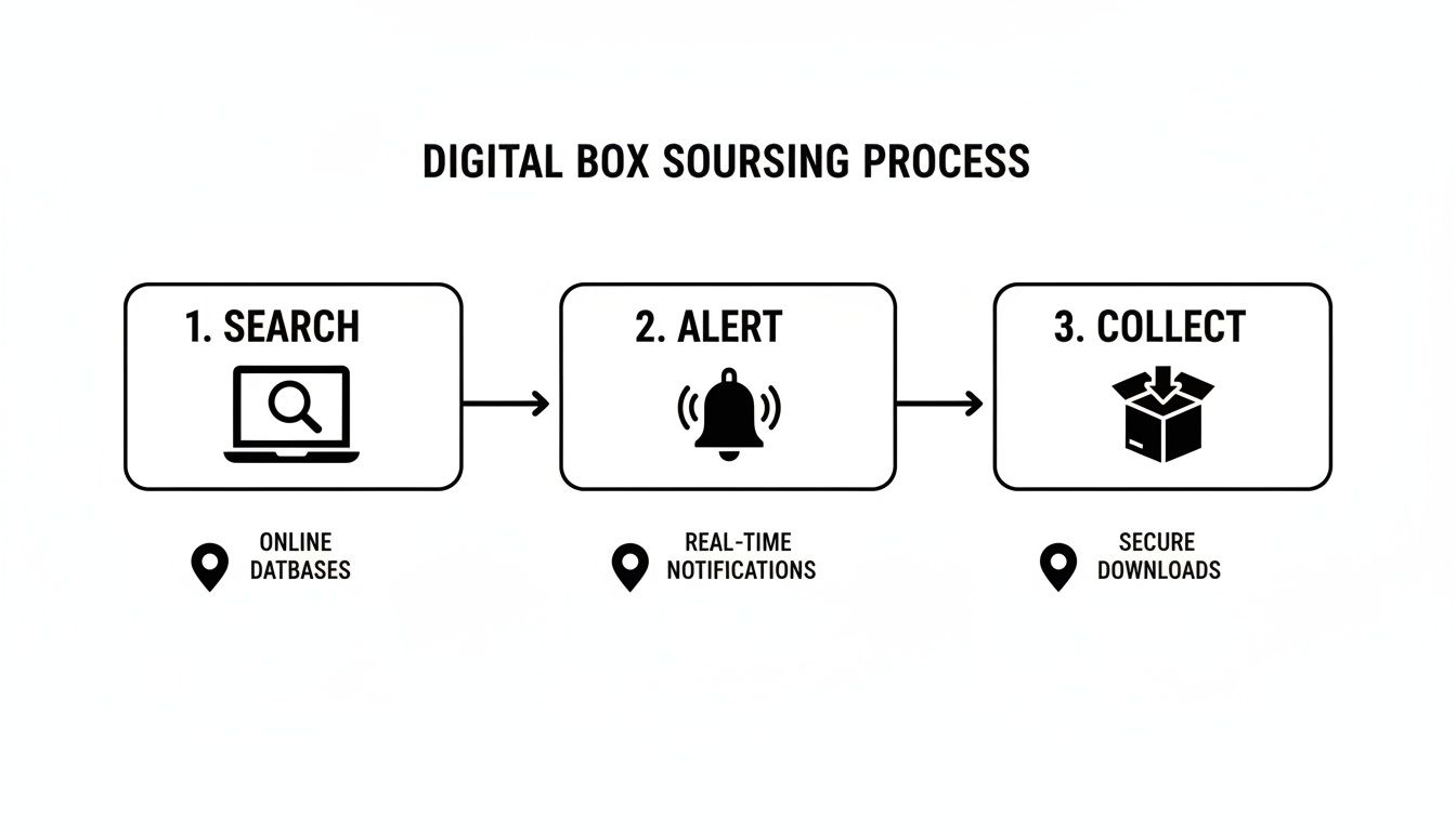A flowchart illustrating the digital box sourcing process: search online databases, receive real-time alerts, and collect secure downloads.