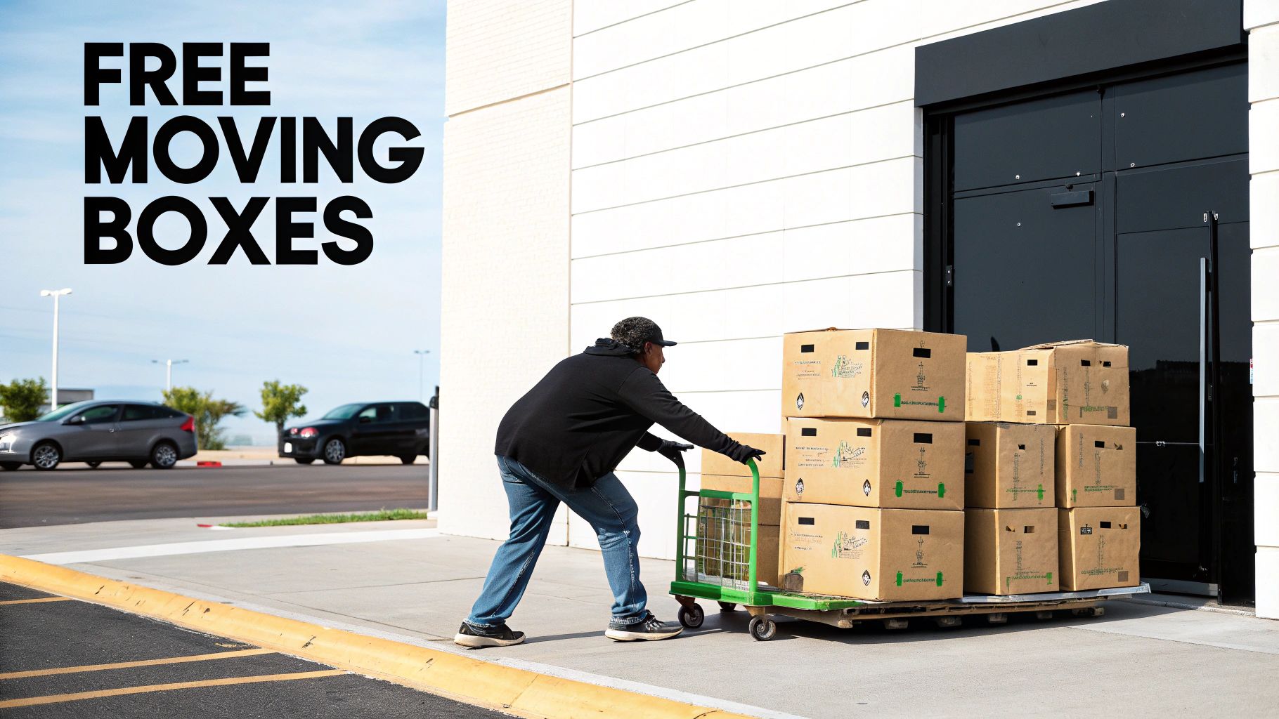 A person pushing a cart filled with stacks of cardboard moving boxes, with text 'FREE MOVING BOXES' on the left.