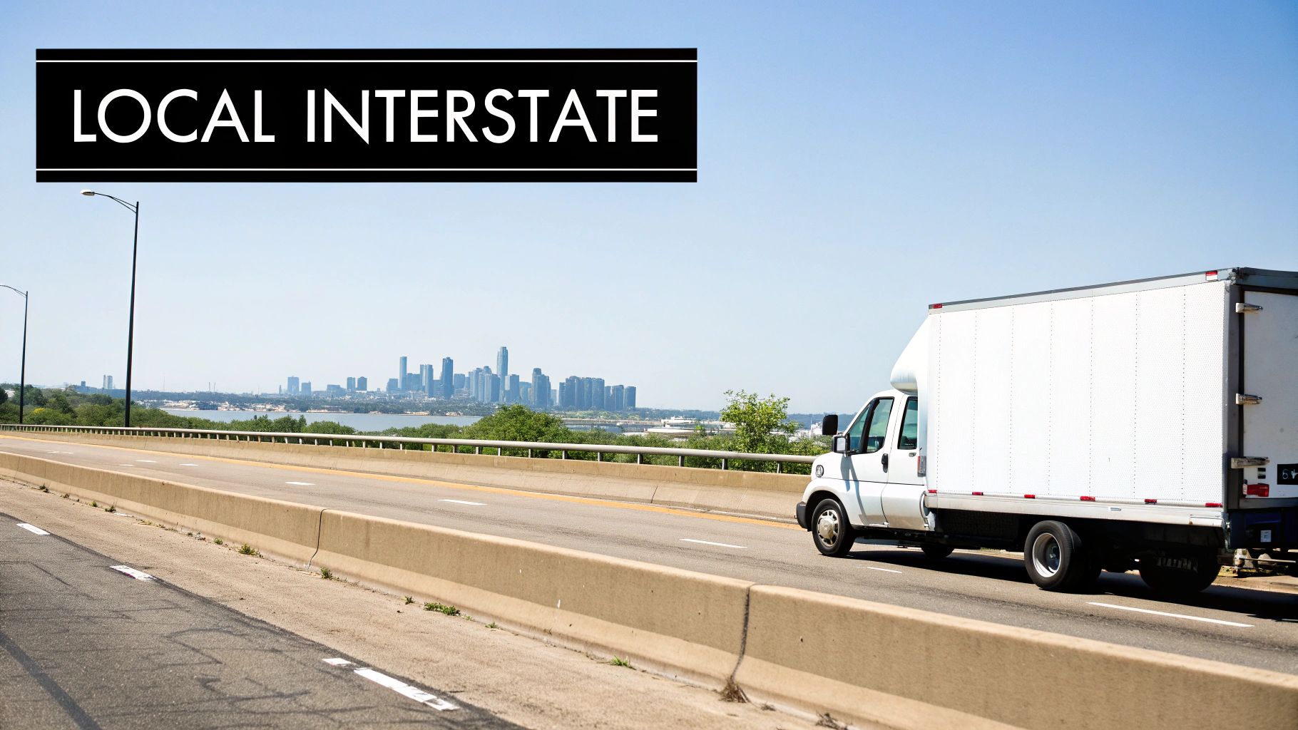 A large moving truck driving on a long, open highway, symbolising an interstate move.