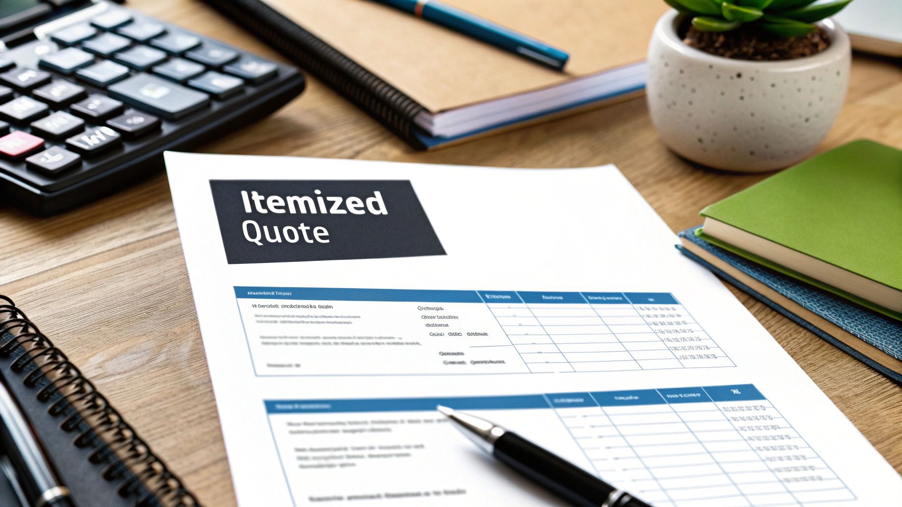 A person reviewing a moving quote document with a calculator.