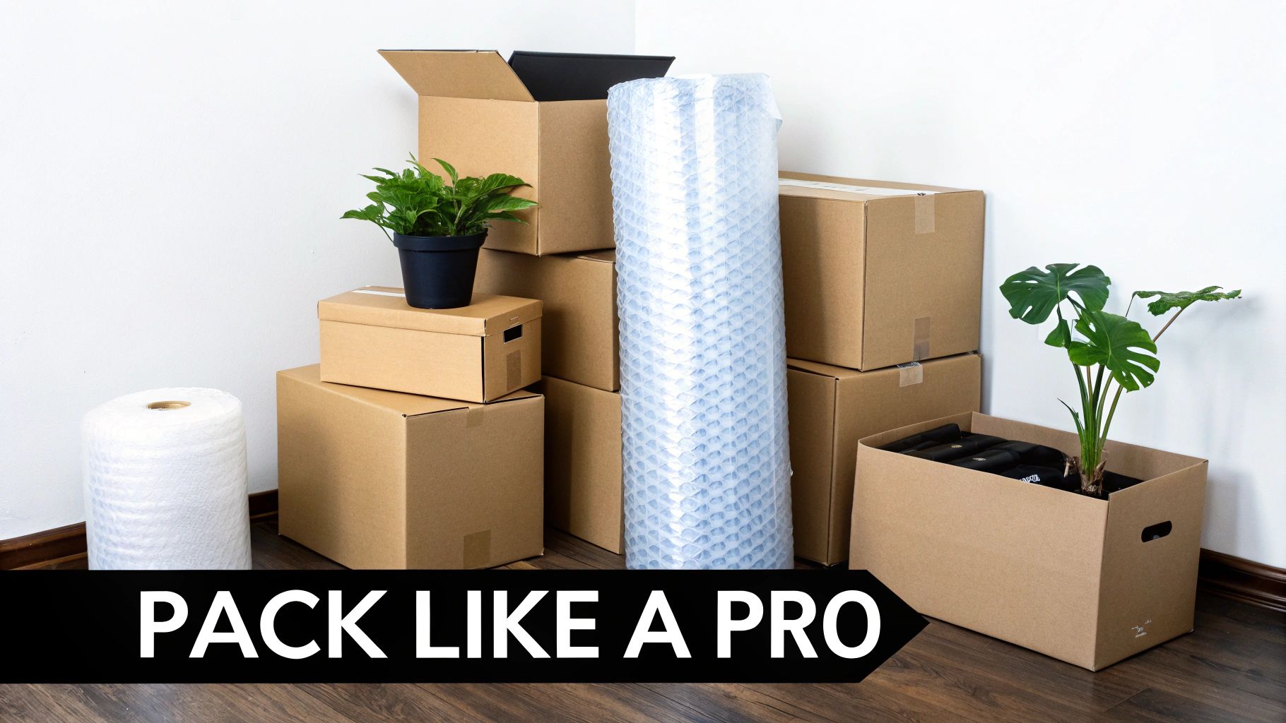 A room corner filled with moving boxes, bubble wrap, foam, and potted plants, ready for relocation.