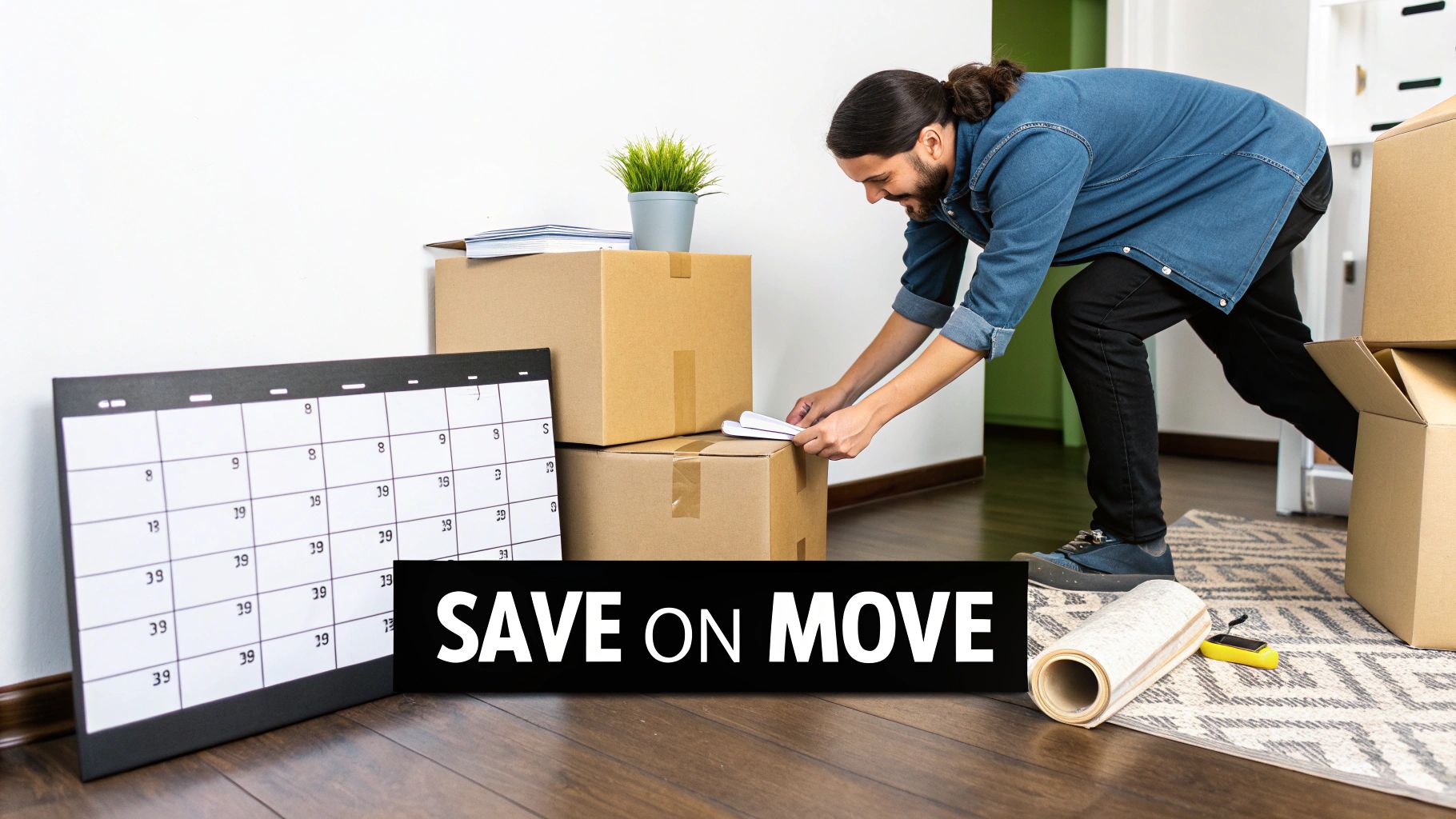 A smiling person organizes moving boxes on a wooden floor with a calendar and plant nearby.