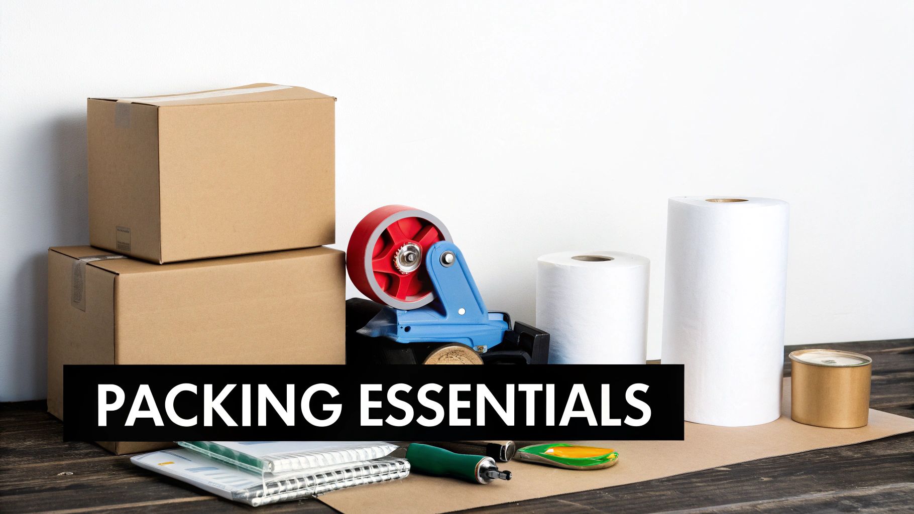 An organised collection of packing supplies, including boxes, tape, and bubble wrap.