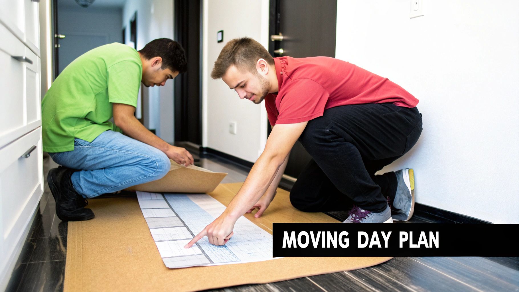 Two young men carefully examine a detailed floor plan on the ground, strategizing for a moving day.