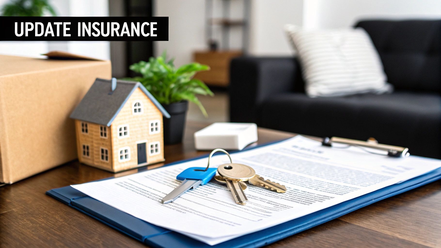 Miniature house, keys, and insurance documents on a table, with a moving box.
