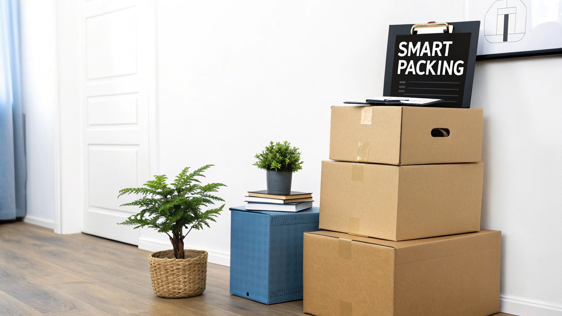Cardboard moving boxes and plants, with a clipboard displaying 'SMART PACKING', ready for home relocation.