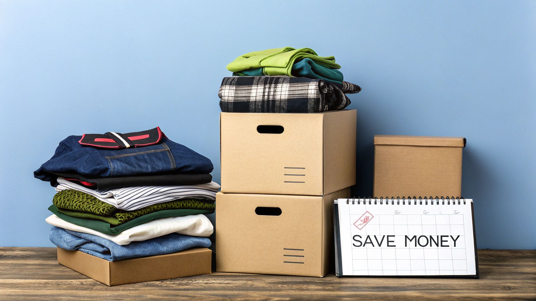 Stacks of folded clothes and cardboard boxes next to a 'SAVE MONEY' calendar.