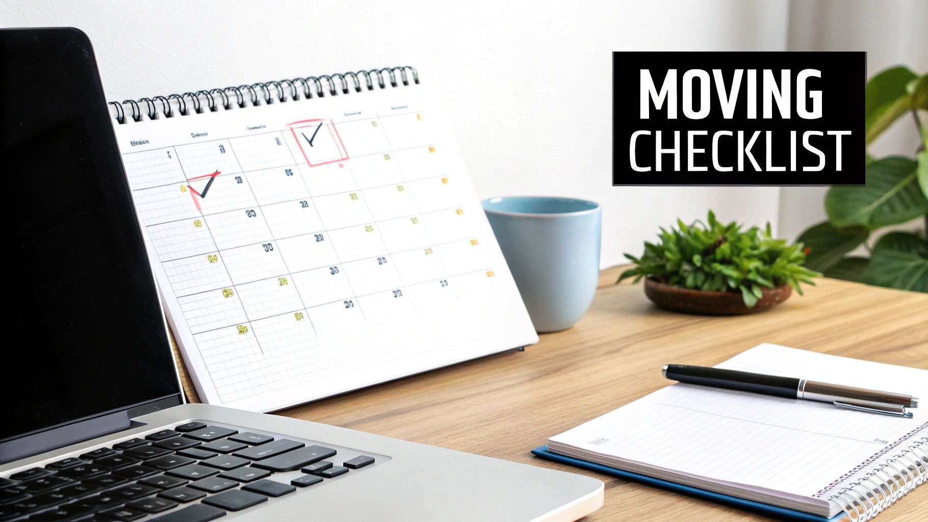 A desk with a laptop, an open calendar with a checked date, a blue cup, and a notebook with a pen, featuring a 'Moving Checklist' graphic.