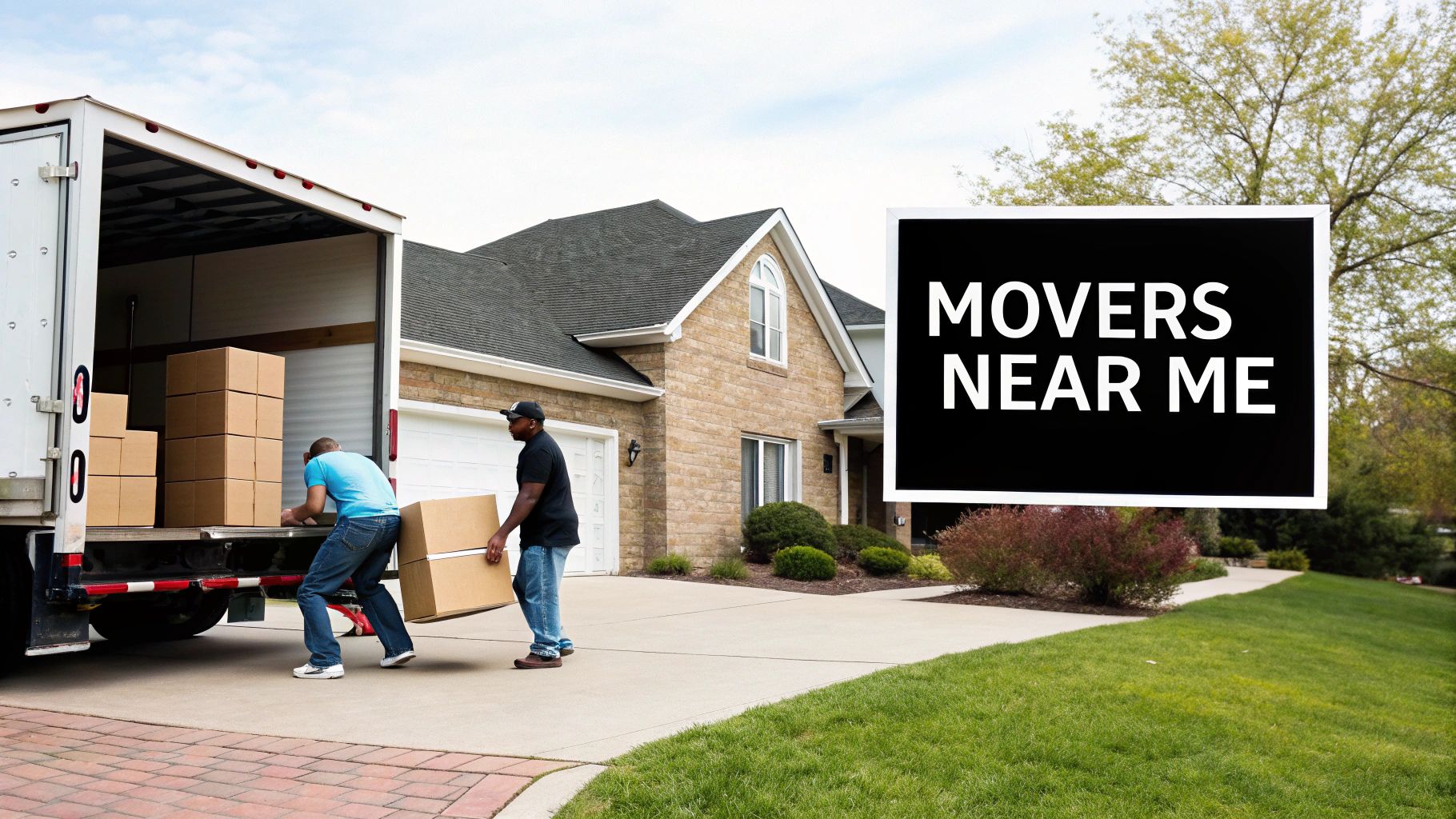 Two movers carefully carrying a large cardboard box down a flight of stairs