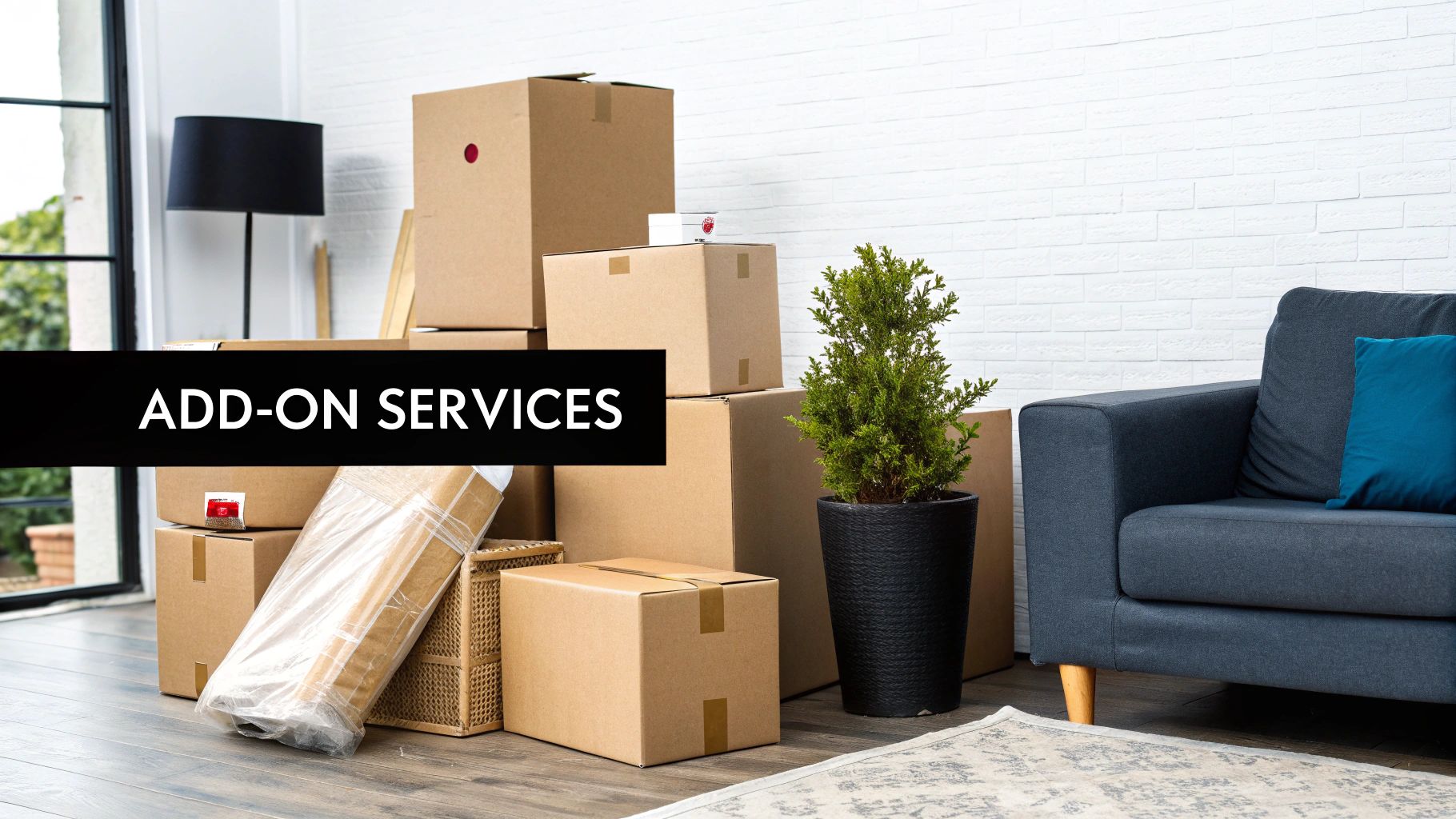 A room prepared for moving with stacked cardboard boxes, a potted plant, a couch, and an 'ADD-ON SERVICES' banner.