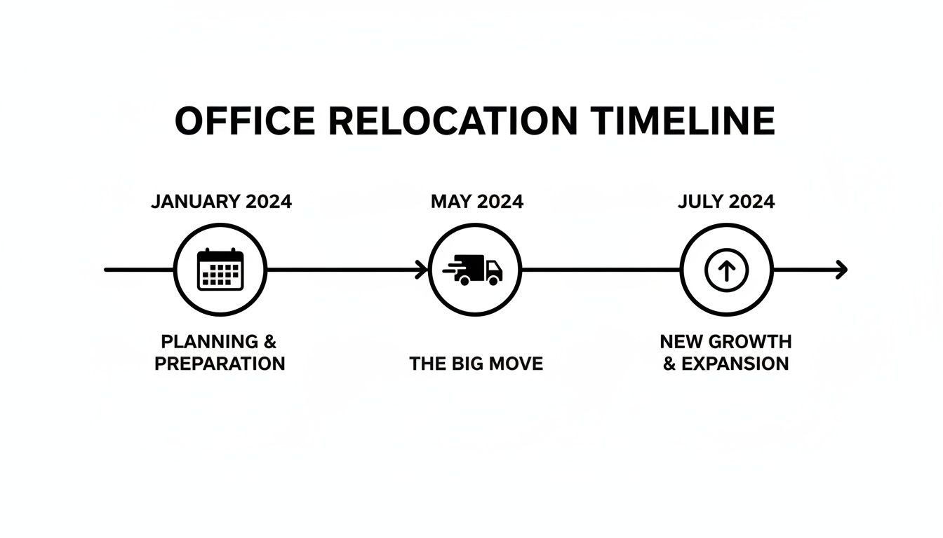 Timeline graphic illustrating office relocation stages: planning, moving, and new growth throughout 2024.