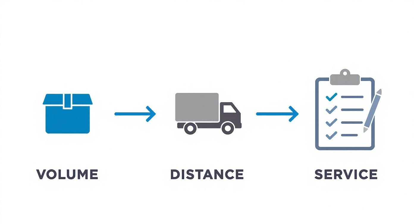 Logistics diagram illustrating volume, distance, and service with corresponding icons and arrows.