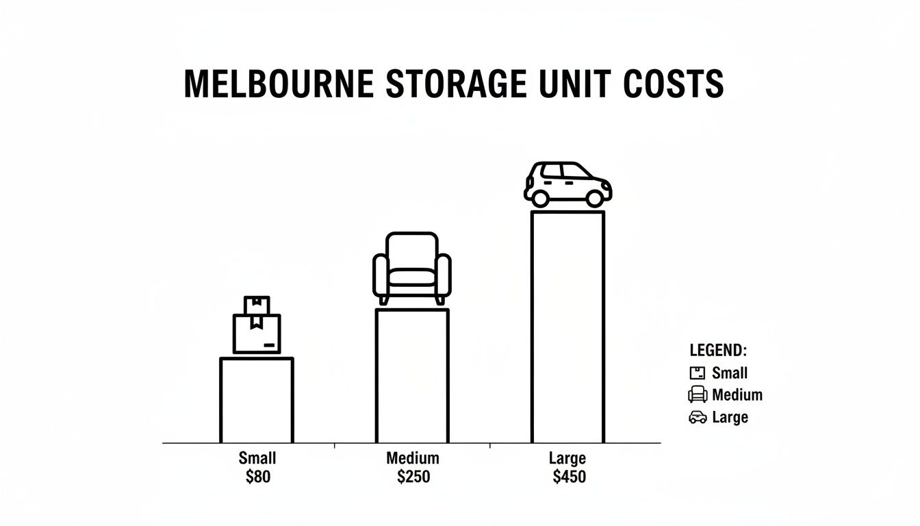 A bar chart comparing Melbourne storage unit costs for small, medium, and large sizes, with visual icons and prices.