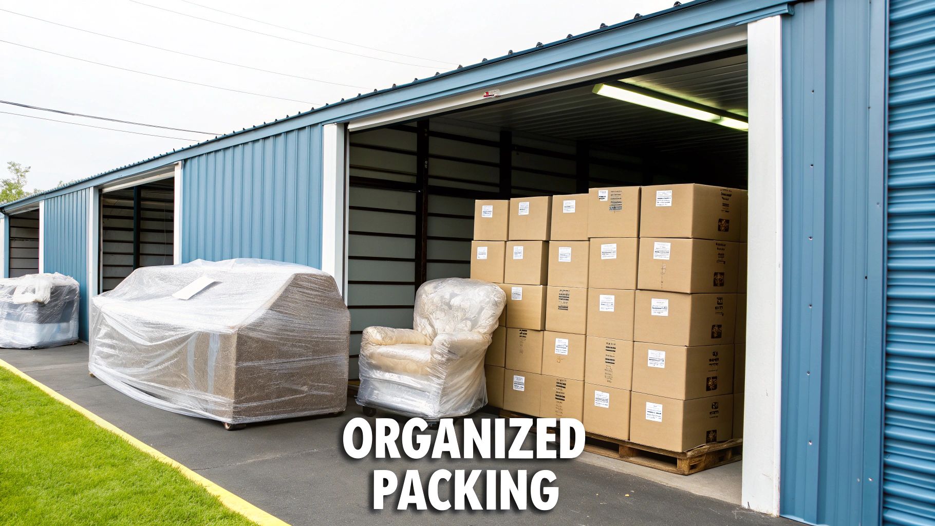 A person carefully placing a labeled box onto a stack in a well-organized short term storage unit.