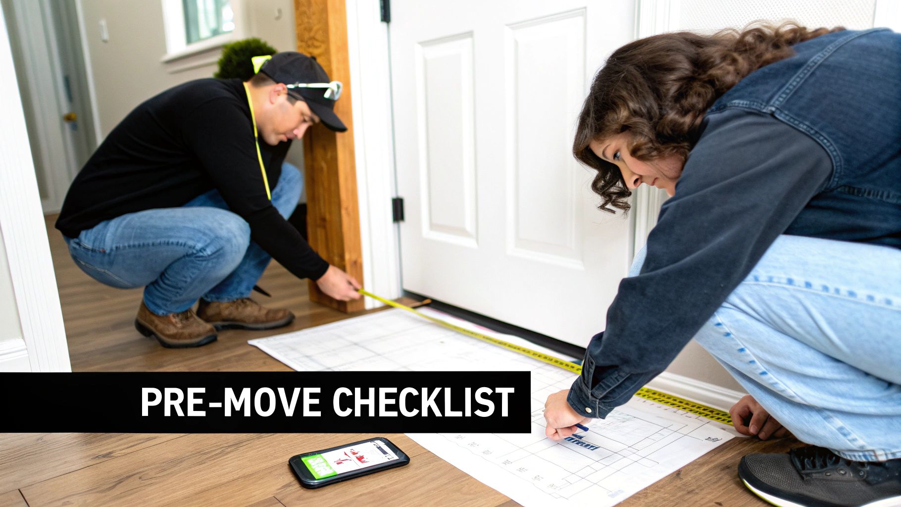 Two people measure a floor plan with a tape measure, preparing for a move.
