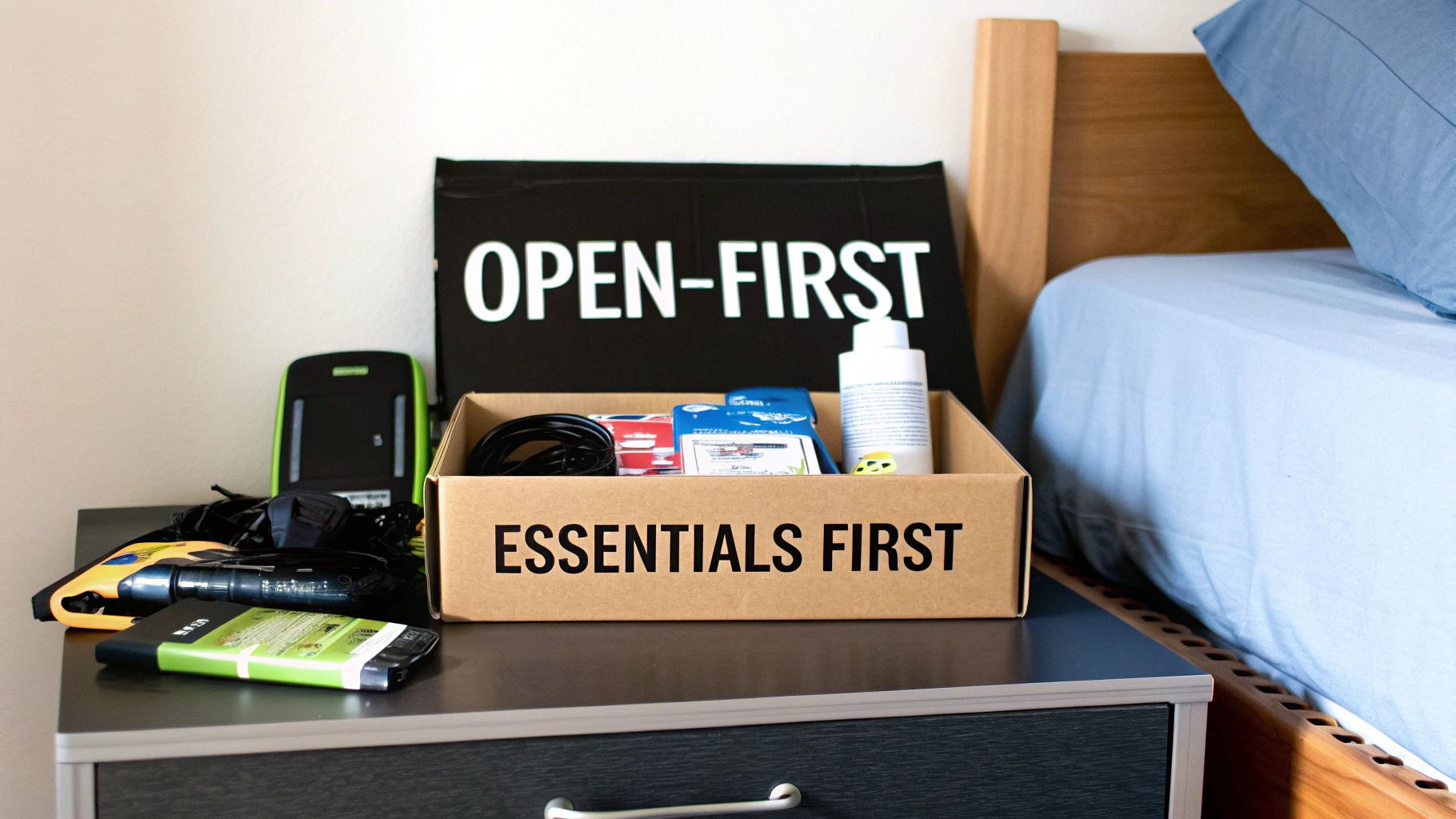 A bedside table with a box labeled 'Essentials First' containing essential items for a new home setup.