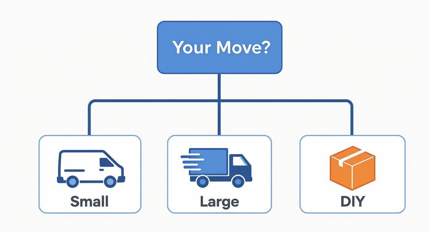 Infographic decision tree for choosing a moving service, showing branches for small, large, and DIY moves.